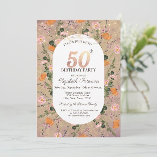 オレンジ色の野の花ストリングライト 50歳の誕生日 招待状 (スタンド正面)