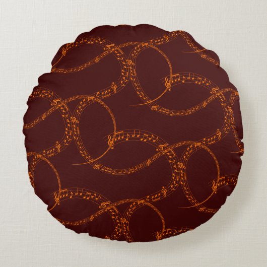 オレンジ色の金ゴールドのBurgundy Music Note Pattern ラウンドクッション (正面)
