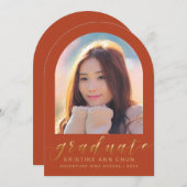 オレンジ色の金ゴールドアーチ写真の卒業発表 招待状 (正面/裏面)