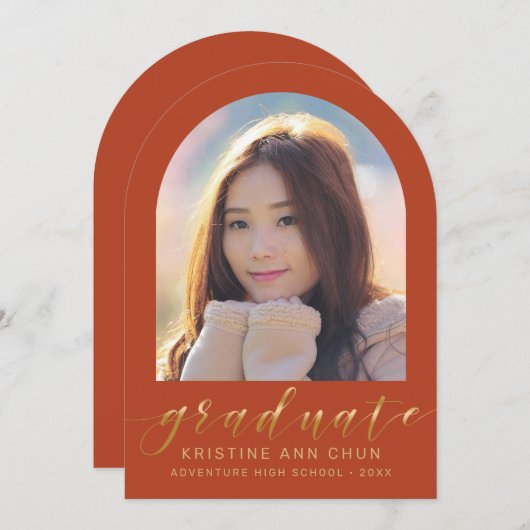 オレンジ色の金ゴールドアーチ写真の卒業発表 招待状 (正面/裏面)