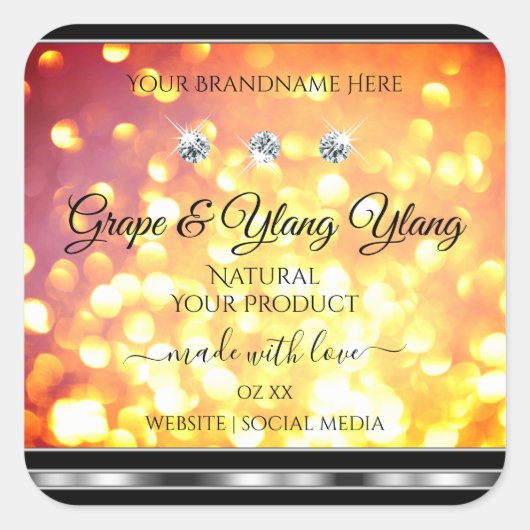 オレンジ色の金ゴールドグリッター製品ラベルダイヤモンドシルバー スクエアシール (正面)