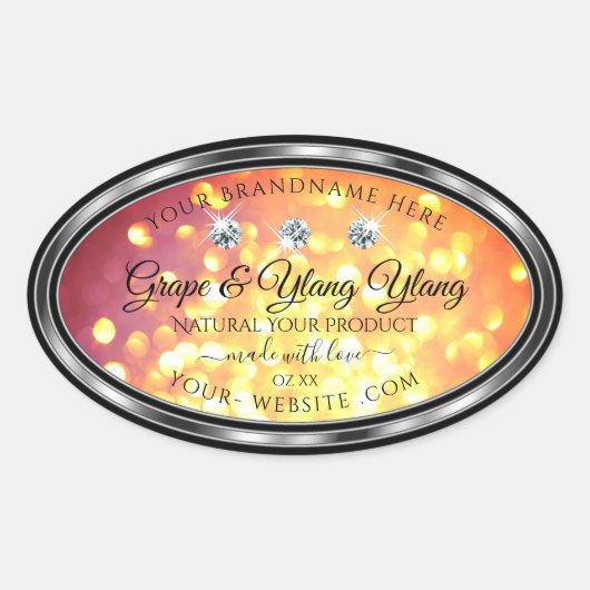 オレンジ色の金ゴールドグリッター製品ラベルダイヤモンドシルバー 楕円形シール (正面)