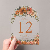 オレンジ色の銅結婚フローラのテーブル番号 アクリル招待状 (インサイチュ (ポータブル))