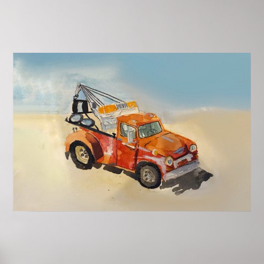 オレンジ色の錆びたレッカー車の水彩画 ポスター (正面)