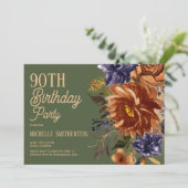 オレンジ色の錆びた青い花のオリーブグリーン90歳の誕生日 招待状 (スタンド正面)