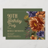 オレンジ色の錆びた青い花のオリーブグリーン90歳の誕生日 招待状 (正面/裏面)