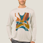 オレンジ色の錆び金ゴールド暗いティール(緑がかった色)抽象芸術渦巻きモチーフ トライブレンドTシャツ (正面)