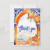 オレンジ色の青いアズレホタレラタイルのブライダルシャワー サンキューカード (正面)