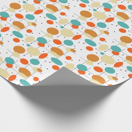 オレンジ色の青い円と線ミッドセンチュリーパターン ラッピングペーパー (角)