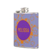 オレンジ色の青い円の正方形パターン名dizzy art フラスク (左)