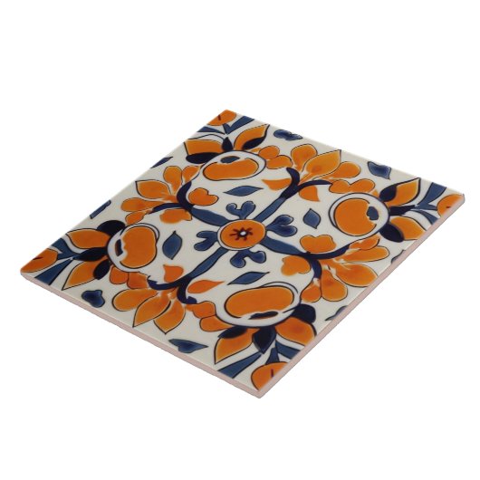 オレンジ色の青い幾何学的クロス地中海の抽象芸術 タイル (側面)