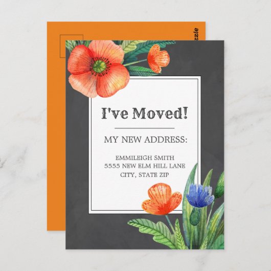 オレンジ色の青い花の黒い黒板の変更アドレス ポストカード (正面/裏面)