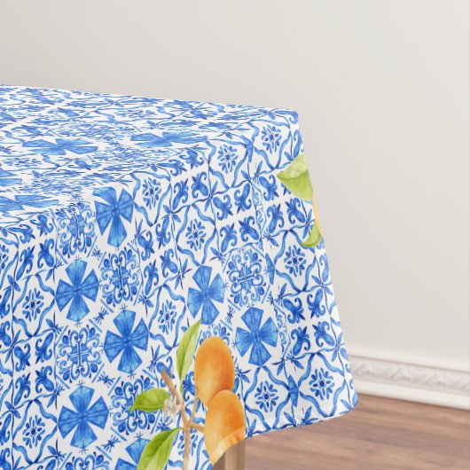 オレンジ色の青と白のアズレジョのタイル テーブルクロス (インサイチュ)