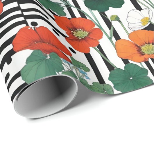 オレンジ色の青と白の花と黒と白 ラッピングペーパー (ロールコーナー)
