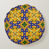 オレンジ色の青と黄色のスペインのタイルパターン ラウンドクッション (裏面)