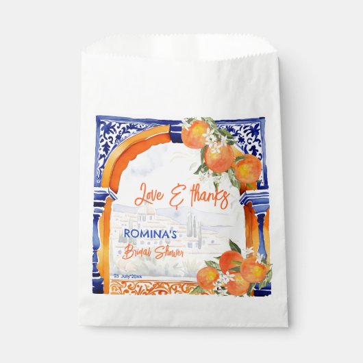 オレンジ色の青のアズレジョスペインのブライダルシャワーの好意 フェイバーバッグ (正面)