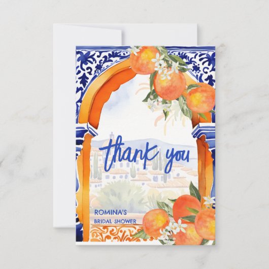 オレンジ色の青のアズレジョタラベラのタイルブライダルシャワー サンキューカード (正面)
