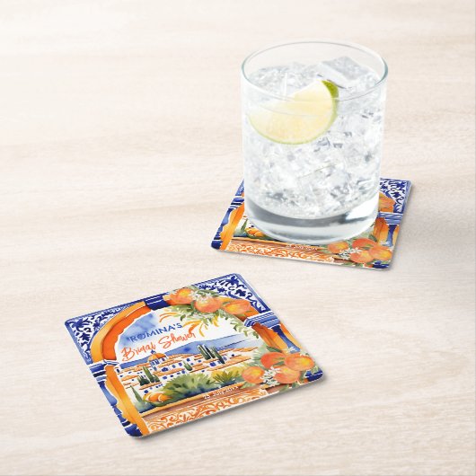 オレンジ色の青のアズレジョタラベラのタイルブライダルシャワー スクエアペーパーコースター (インサイチュ)
