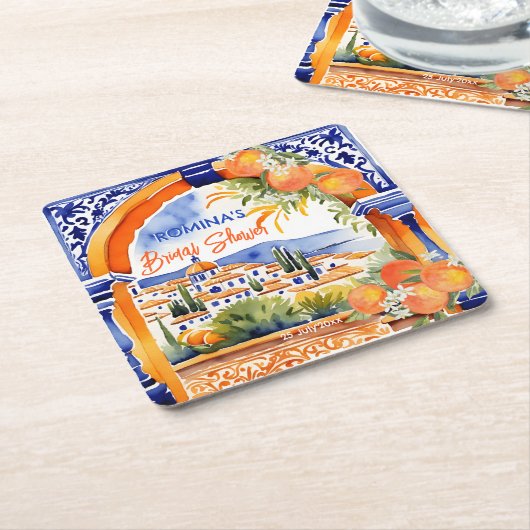 オレンジ色の青のアズレジョタラベラのタイルブライダルシャワー スクエアペーパーコースター (アングル)