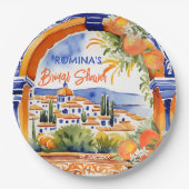 オレンジ色の青のアズレジョタラベラのタイルブライダルシャワー ペーパープレート (正面)