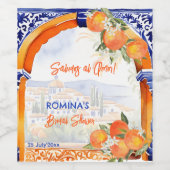 オレンジ色の青のアズレジョタラベラのタイルブライダルシャワー ワインラベル (シングルラベル)