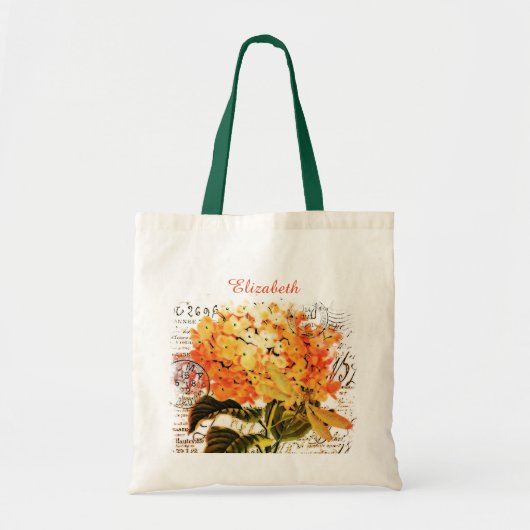 オレンジ色の額紫陽花とトンボのトートバッグ 名前入り トートバッグ (正面)