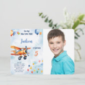 オレンジ色の飛行機 子供の誕生日パーティー 写真 招待状 (スタンド正面)