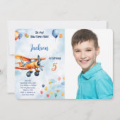 オレンジ色の飛行機 子供の誕生日パーティー 写真 招待状 (正面)
