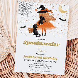 オレンジ色の魔女のハロウィン誕生日 招待状