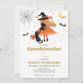 オレンジ色の魔女のハロウィン誕生日 招待状 (正面)