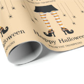 オレンジ色の魔女の脚とクモのハロウィンパターン ラッピングペーパー (ロールコーナー)
