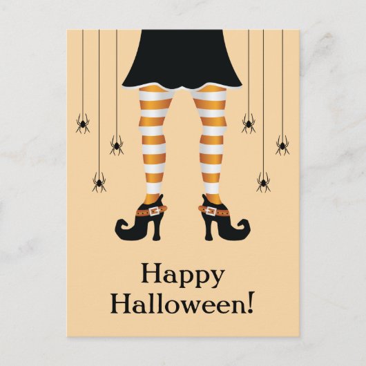 オレンジ色の魔女の脚と蜘蛛のハロウィンお祝いテキスト ポストカード (正面)