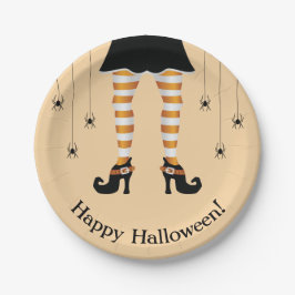 オレンジ色の魔女の脚と蜘蛛 ハッピーハロウィン ペーパープレート