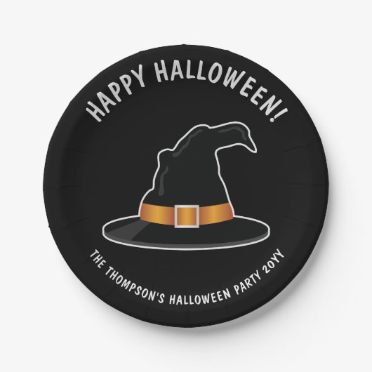 オレンジ色の魔法使いの帽子 ハッピーハロウィン ペーパープレート (正面)