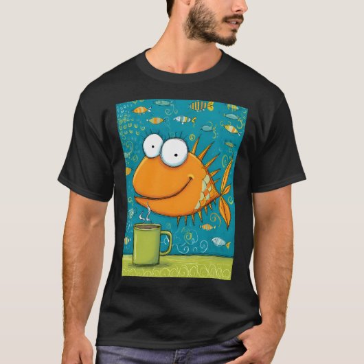 オレンジ色の魚がコーヒーを海に見立ててS Tシャツ (正面)