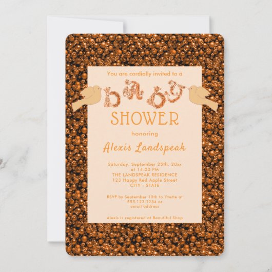 オレンジ色の鳥と宝石ベビーシャワー 招待状 (正面)