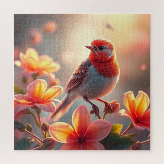 オレンジ色の鳥の花柄ジグソーパズル ジグソーパズル (縦)
