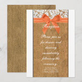 オレンジ色の麻とレースの3.5x7受付カード 招待状 (正面/裏面)