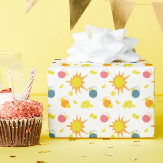 オレンジ色の黄色い太陽と黄色いレモン ラッピングペーパー (誕生日パーティー)