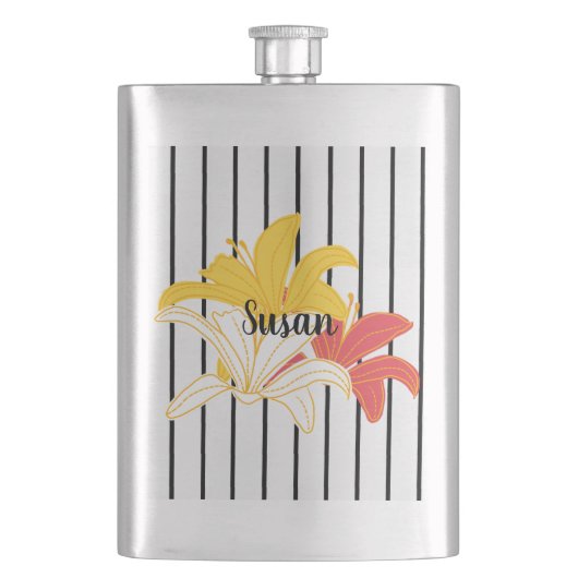 オレンジ色の黄色い白い花と黒い花のフラストライプスコ フラスク (正面)