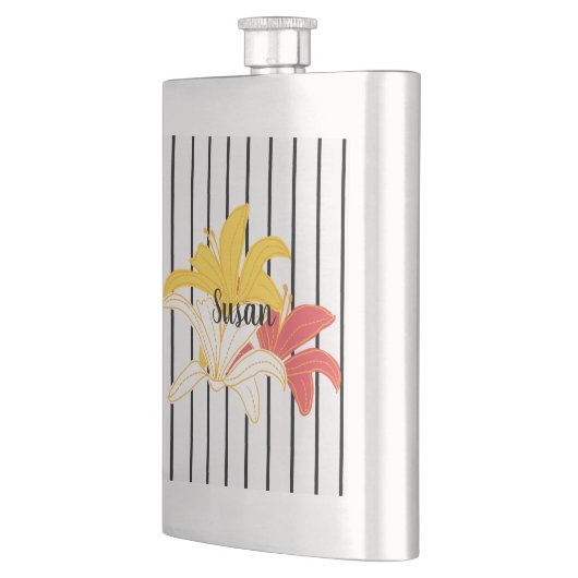 オレンジ色の黄色い白い花と黒い花のフラストライプスコ フラスク (左)