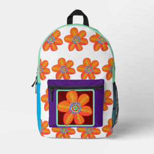 オレンジ色の黄色い紫色の花 プリントバックパック