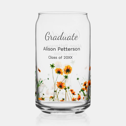 オレンジ色の黄色い野モダン花は徐々に素朴 ガラス缶 (正面)