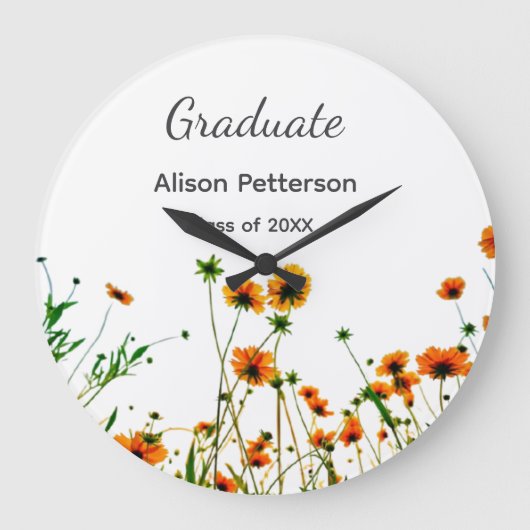 オレンジ色の黄色い野モダン花は徐々に素朴 ラージ壁時計 (正面)