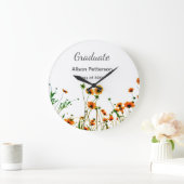 オレンジ色の黄色い野モダン花は徐々に素朴 ラージ壁時計 (ホーム)