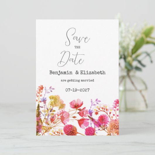 オレンジ色の黄色い野生の花の日付を保存 招待状 (スタンド正面)