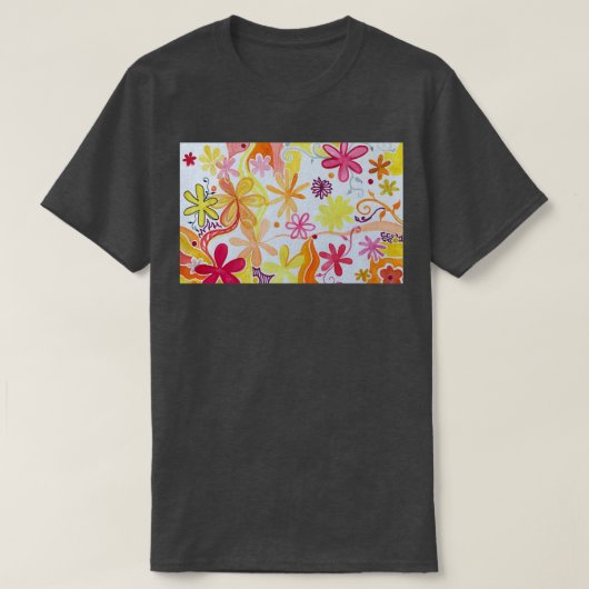 オレンジ色の黄色と赤の絵を描花のパターン Tシャツ (デザイン正面)