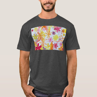 オレンジ色の黄色と赤の絵を描花のパターン Tシャツ