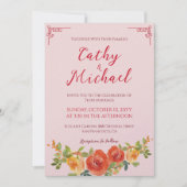 オレンジ色の黄色のフローラ中国の春結婚の 招待状 (正面)