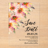 オレンジ色の黄色のフローラ日付を保存 アクリル招待状 (正面)